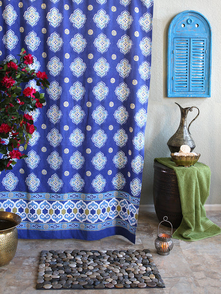 Moroccan-inspired bathroom with blue and white quatrefoil shower curtain and river rock bath mat... Trending in Bathroom Decor: Quatrefoil Shower Curtains from Bathroom Bliss by Rotator Rod