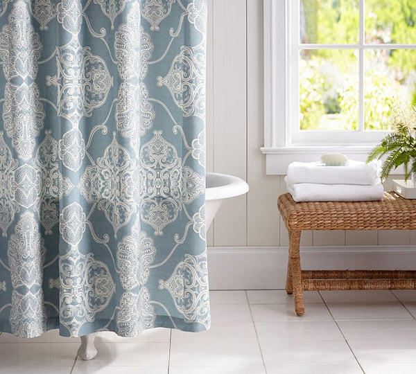 white bathroom with beautiful light blue and white quatrefoil shower curtain... Trending in Bathroom Decor: Quatrefoil Shower Curtains from Bathroom Bliss by Rotator Rod