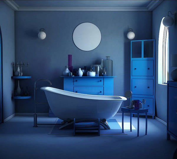 dramatic blue bathroom with freestanding bathtub... Trending in Bathroom Design: Blue Bathrooms from Bathroom Bliss by Rotator Rod