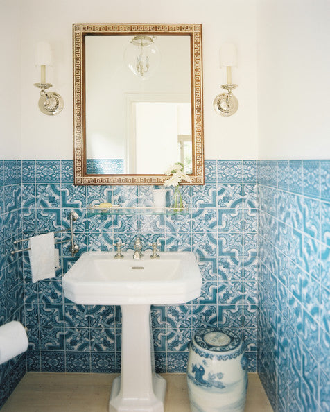 Mediterranean inspired bathroom with decorative blue tiles... Trending in Bathroom Design: Blue Bathrooms from Bathroom Bliss by Rotator Rod 