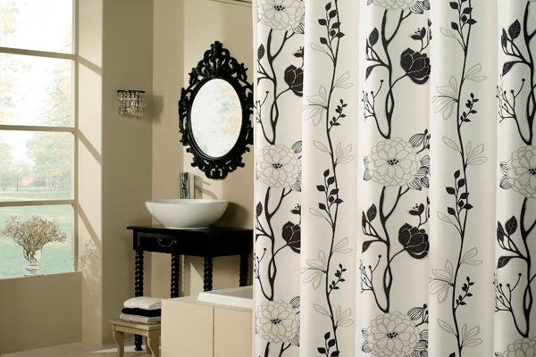 black and white bathrooms are always elegant, featuring shower curtain and funky mirror... Trending in Home Decor: Winter Bathroom Inspiration from Bathroom Bliss by Rotator Rod 