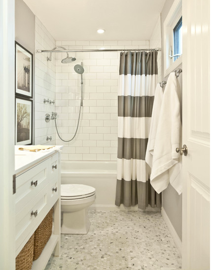 vintage inspired white bathroom with gray and white shower curtain, framed art, towels... Trending in Home Decor: Winter Bathroom Inspiration from Bathroom Bliss by Rotator Rod 