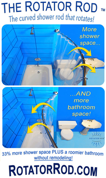Rotator Rod, the curved shower rod that rotates for a larger shower. Afterwards, with just a twist of the wrist, the bowed out part of the shower rod flips into the shower for an instantly roomier bathroom! ... Should You Change Your Shower Rod for Winter? from Bathroom Bliss by Rotator Rod
