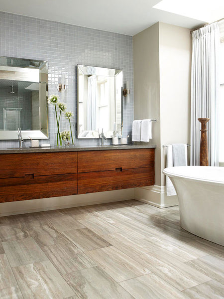 neutral bathroom with light wood floor, freestanding bathtub, wood and modern accents... Wood Floor Bathroom Inspiration from Bathroom Bliss by Rotator Rod