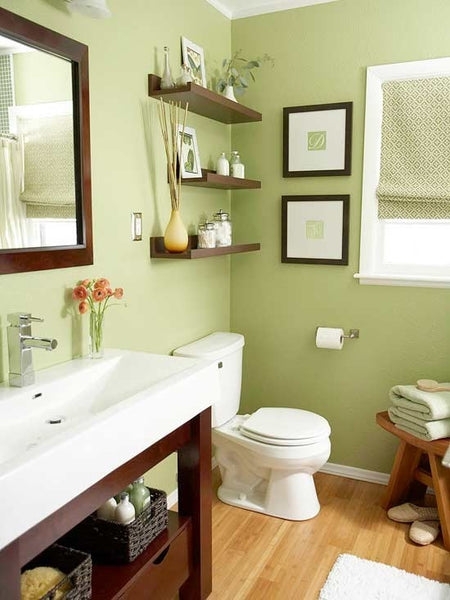 lovely green bathroom with warm wood floor, white and wood accents, poppy flowers... Wood Floor Bathroom Inspiration from Bathroom Bliss by Rotator Rod