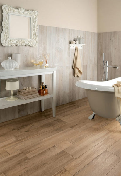luxurious neutral bathroom with wood floor, claw footed bathtub, ornate mirror... Wood Floor Bathroom Inspiration from Bathroom Bliss by Rotator Rod