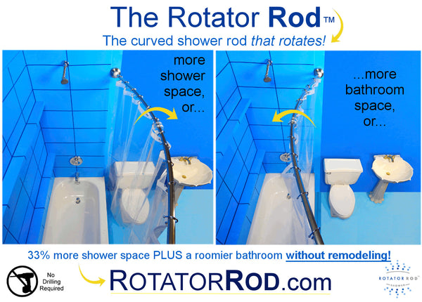 The Rotator Rod curved shower rod that rotates!... Quick Fix Bathroom Ideas: Expand Shower Space Easily with a Curved Shower Rod from Bathroom Bliss by Rotator Rod