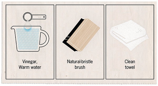 You will need a natural-bristle brush, a clean towel, some vinegar and warm water