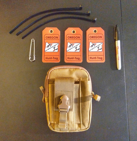 Hunt-Tag Tech Pouch for storing and carrying hunting tags and hunting accessories or gadgets. Hunting tags designed specifically with the information required for each state