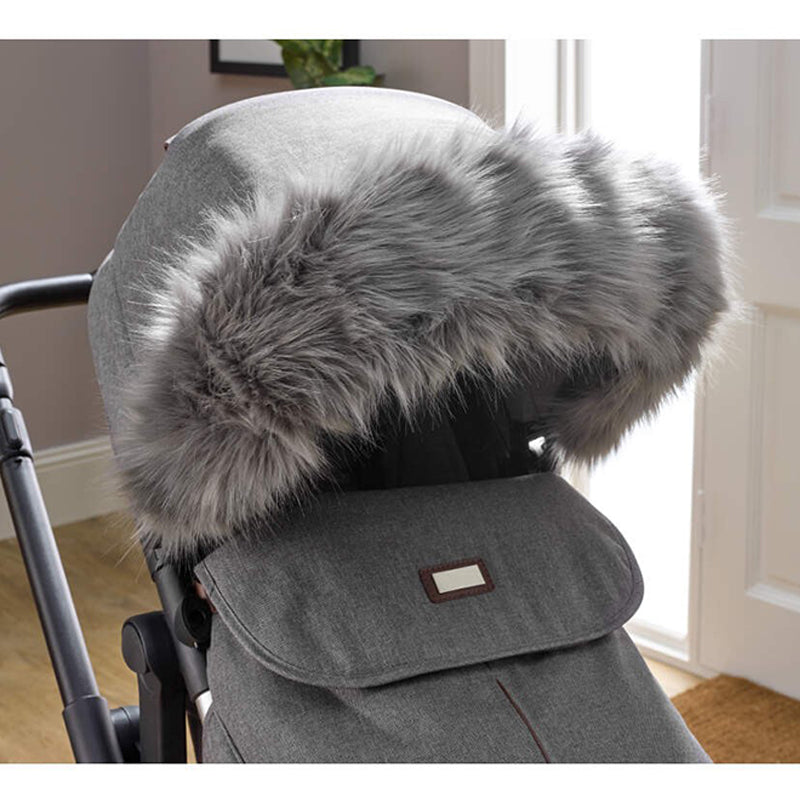 grey pram with fur hood