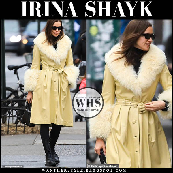 irina shayk vehla eyewear fur yellow leather coat nyc