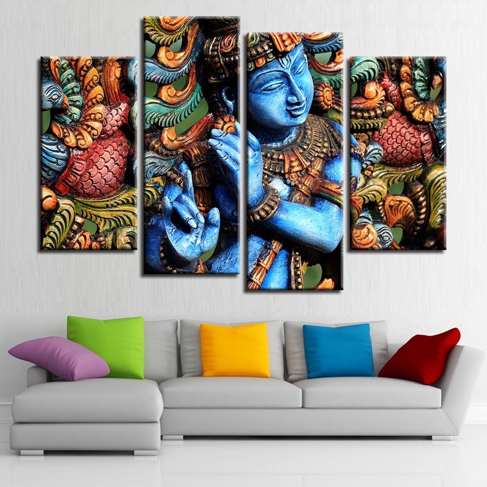 Lord Krishna 4 Piece Hd Multi Panel Canvas Wall Art Frame Original Frame