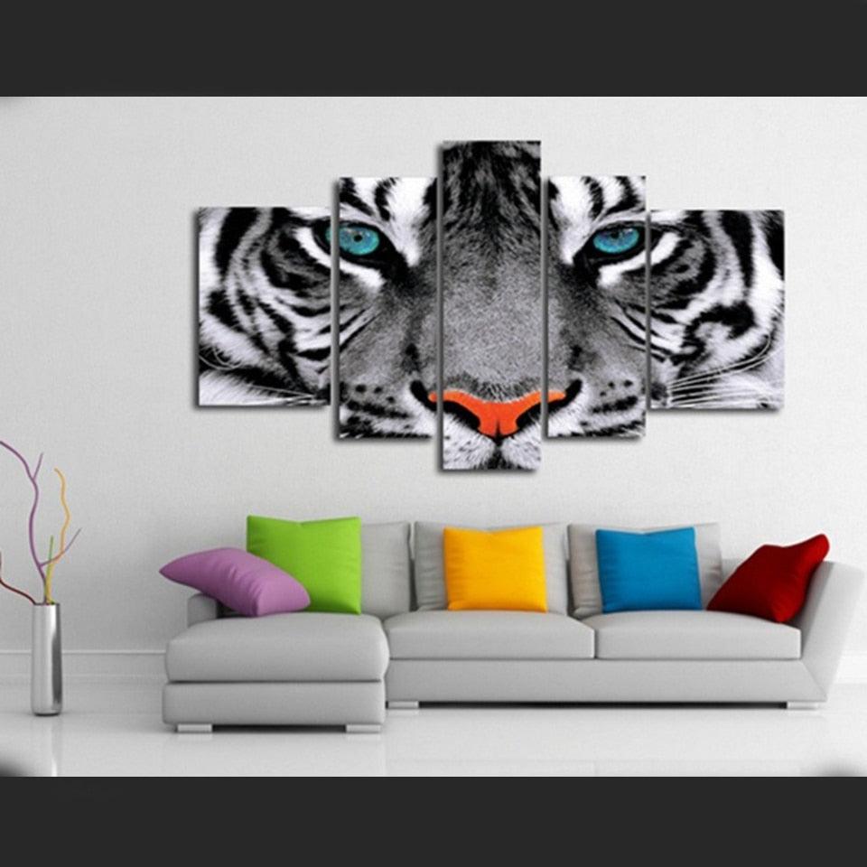 White Tiger Eyes 5 Piece Hd Multi Panel Canvas Wall Art Frame Original Frame