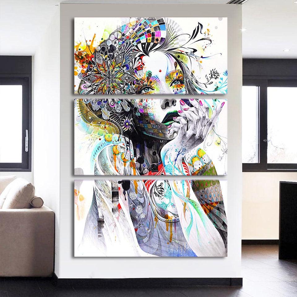 Watercolor Girl 3 Piece Hd Multi Panel Canvas Wall Art Frame Original Frame