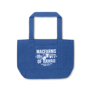 blue tote bag with "mac farms 1977 of hawaii" and car design 