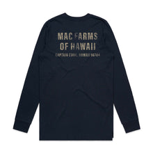 Load image into Gallery viewer, MacFarms navy long sleeve t-shirt with burlap texture logo design