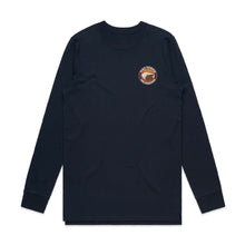 Load image into Gallery viewer, MacFarms Navy long sleeve t-shirt with burlap bag design 