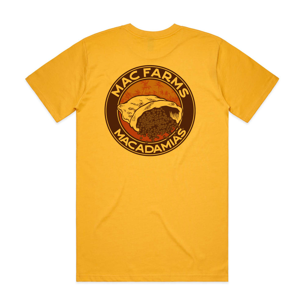 MacFarms gold color t-shirt with burlap sack with macadamia design