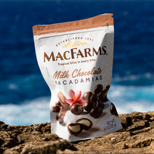 Load image into Gallery viewer, Milk Chocolate Macadamias on rocks with ocean background