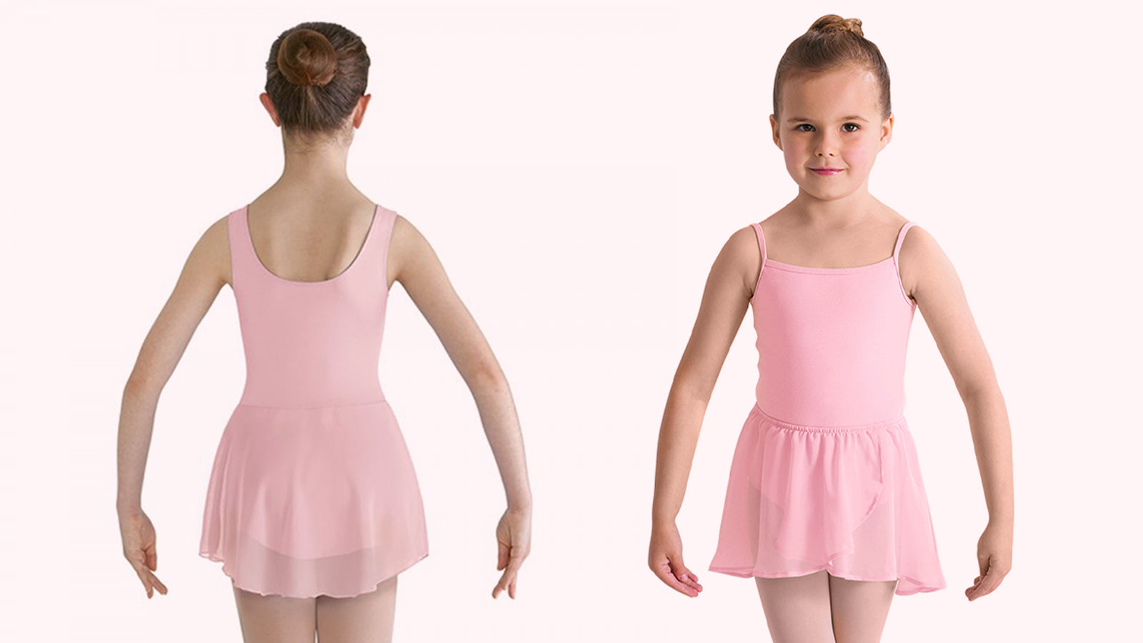 A front and back view of a young dancer wearing a pink skirted BLOCH leotard