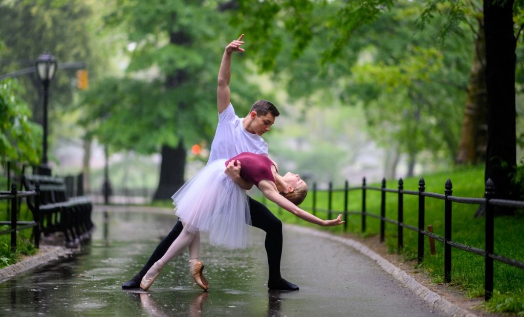 Two BLOCH Young Artists dancing through Central Park, shot by Jordan Matter
