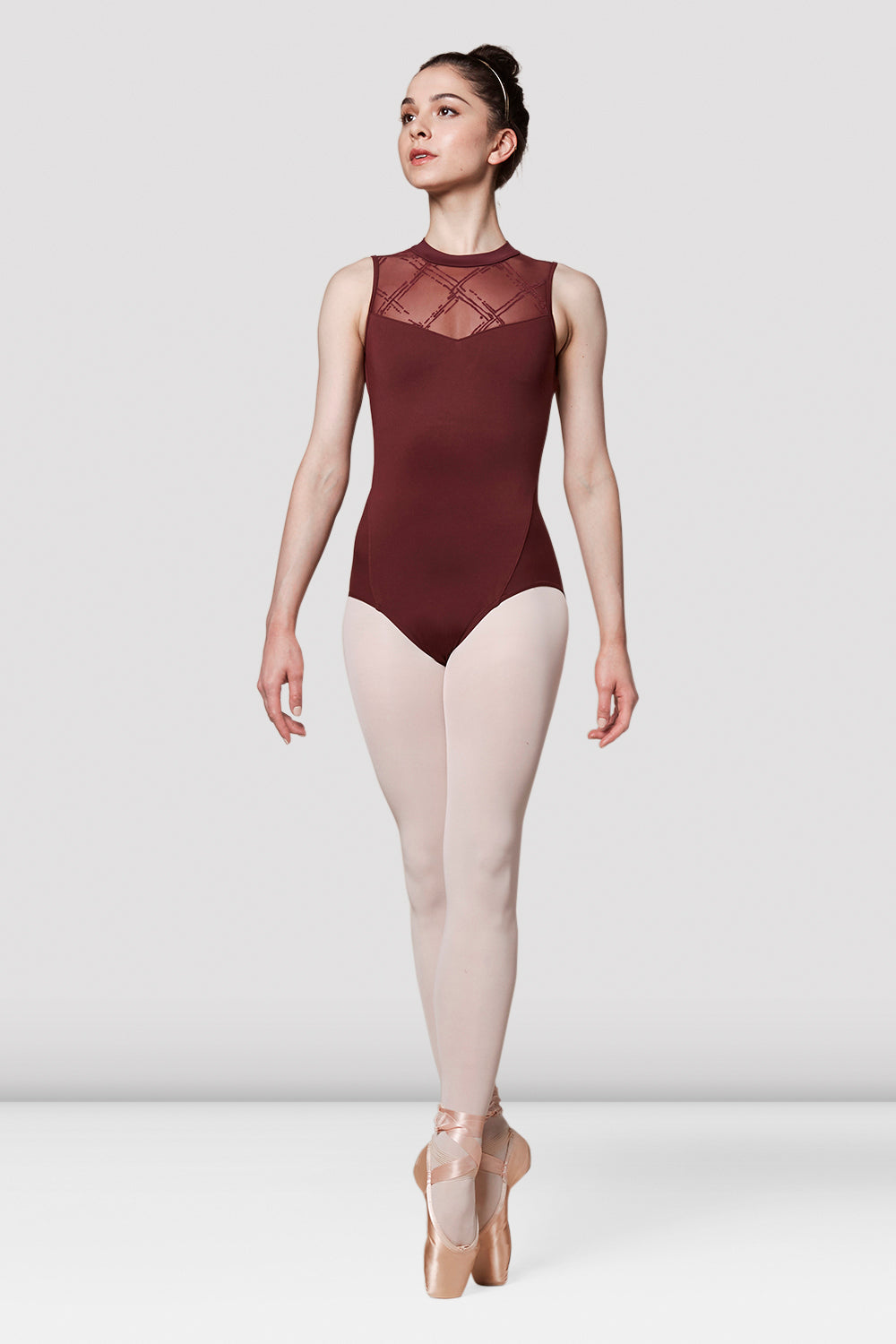 A female dancer modelling the Mirella Printed Mesh Leotard