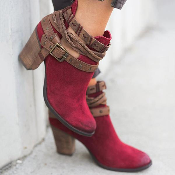 red buckle ankle boots