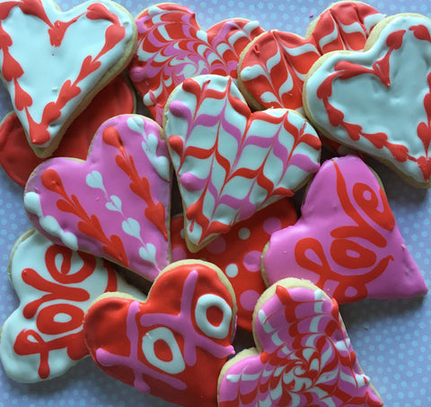 Decorated valentine cookies with royal icing