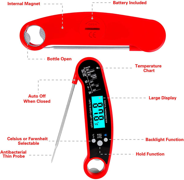 Heavy Duty Commercial Grade Meat Thermometer, Instant Read Thermometer Digital Cooking Thermometer with LCD Screen Reader, Best Waterproof Food Thermometer for Kitchen, Restaurants, Bar, Cooking, Steak, Deep Fry, Smoker, BBQ Grill and Soup (Red) Steak Thermometer Celsius Fahrenheit Buy Online 5 Stars Reviews Fast Ship...