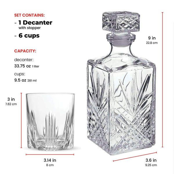 Italian Made 7-Piece Decanter Set - Whiskey Glass Lead Free Sophisticated Decanter with Beautiful Stopper and 6 Lovely Cocktail Glasses | Irish Scottish Whisky Drinkware Glassware Set, Elegant Whiskey Decanter with Ornate Stopper and 6 Exquisite Cocktail Glasses | Premium Class Style Liquor Vodka Vine Bar Set
