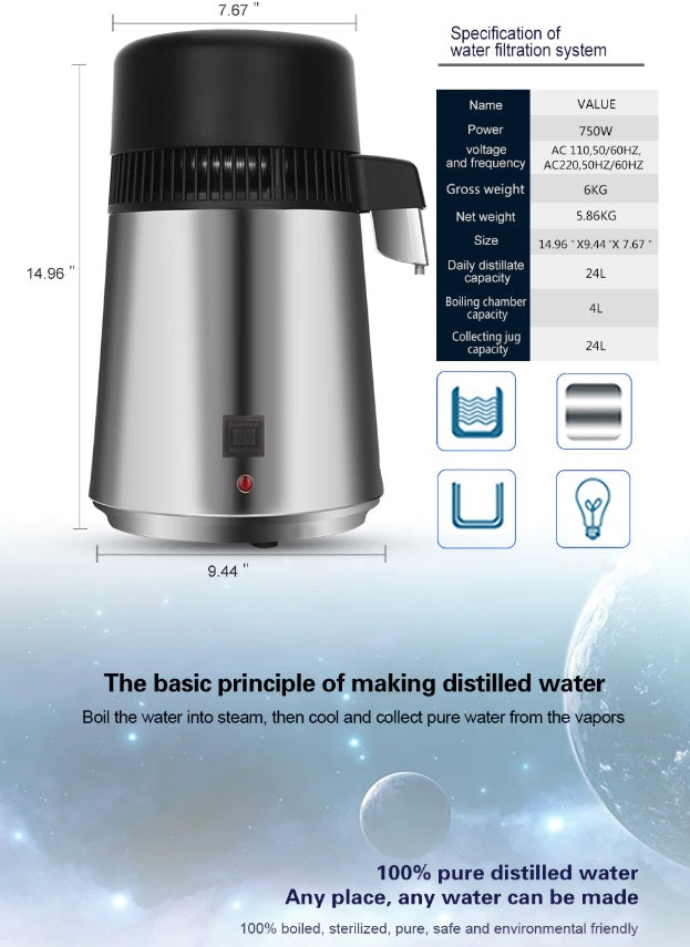 Premium High Quality Stainless Steel Home Distilled Pure Water Filter, Distiller, Purifier Machine + Glass Container Jar. Best megahome countertap. Large capacity 4L 140 oz metal big commercial review buy online order purchase where to buy amazon walmart best but targer homdedepot