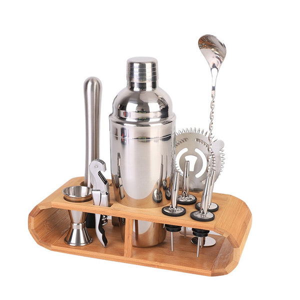 Heavy Duty Professional High Quality 304 Stainless Steel Bartender Kit with Bamboo Rack | Cocktail Shaker Set | Professional Bar Tools Set | Best Home and Bar Beverage Preparation Set | Cup, Muddler, Spoon, Jigger, Pourers, Bottle Opener, Martini Mojito Bartendering Kit | Buy Wine Liquor Vodka Serving Drink Mixing Kit Buy Order Online