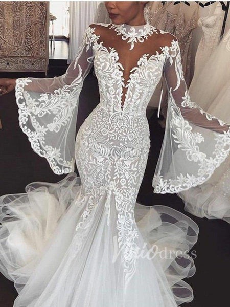high neck lace mermaid wedding dress