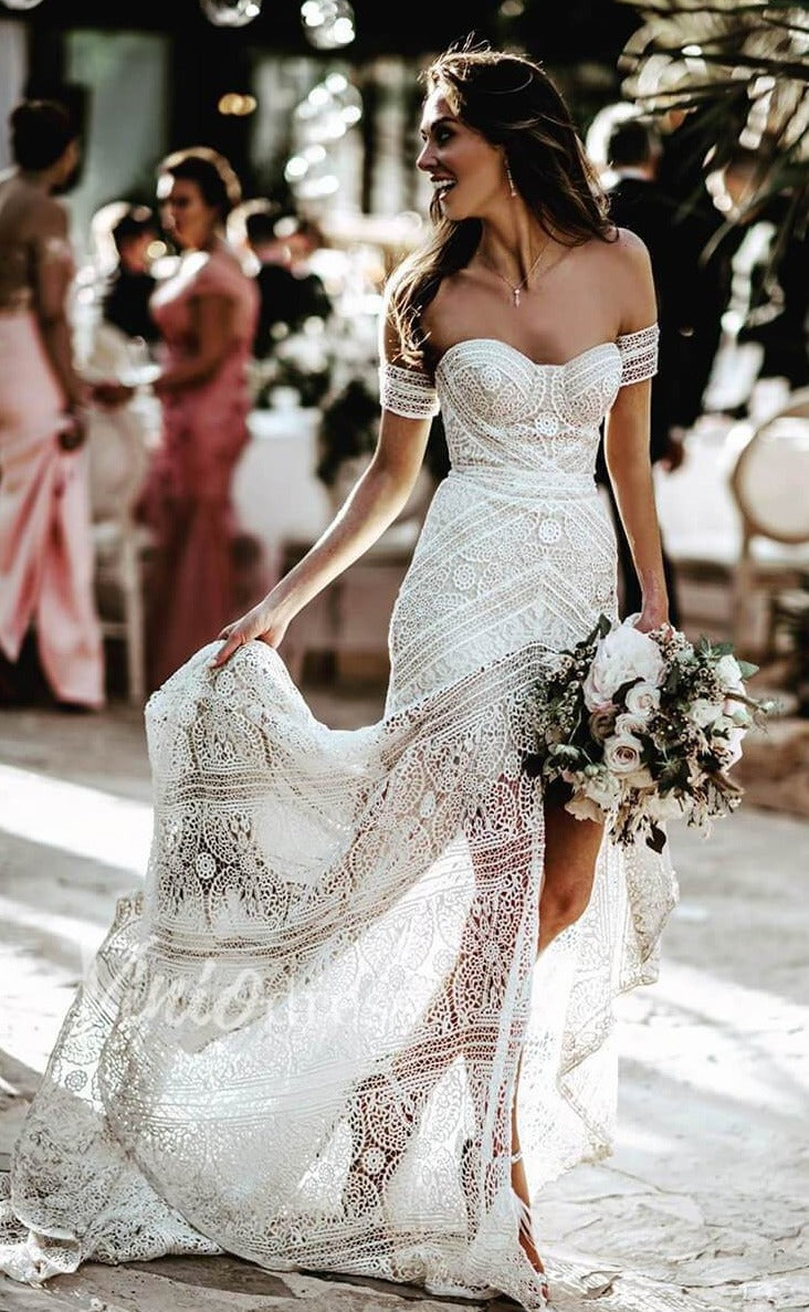 Strapless Lace Bohemian Wedding Dresses with Slit & Arm Band VW1092B –  Viniodress