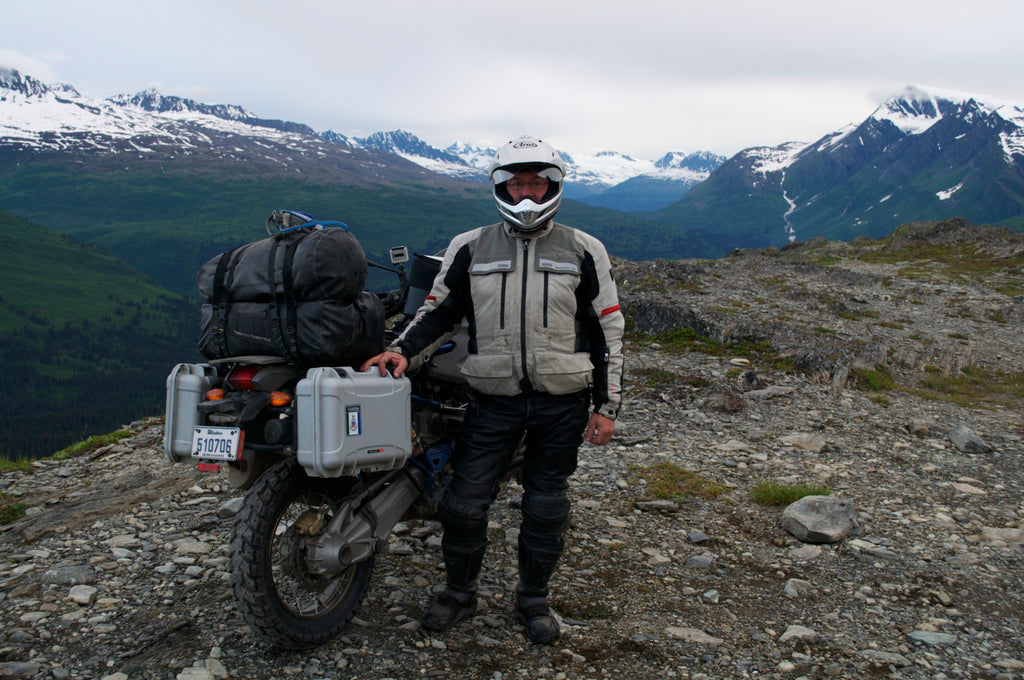 Guy Coallier in Alaska with his BMW Motorcycle and Nanuk Cases