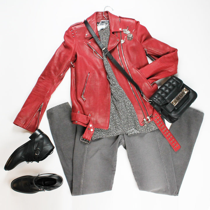 Balmain red jacket and Proenza Schouler bag