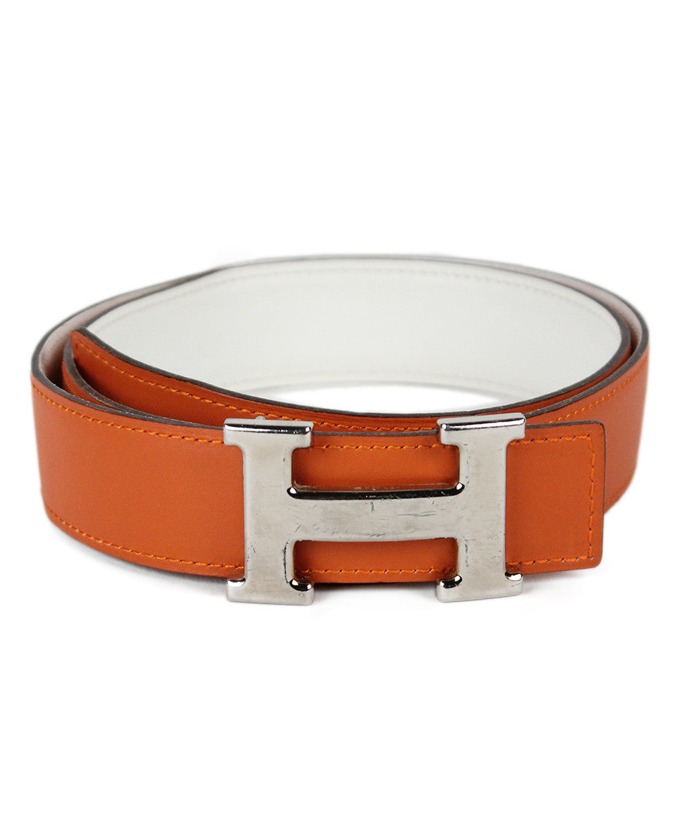 Hermes White Orange Leather Silver Hardware Reversible Belt w/ Box - Michael&#39;s Consignment NYC