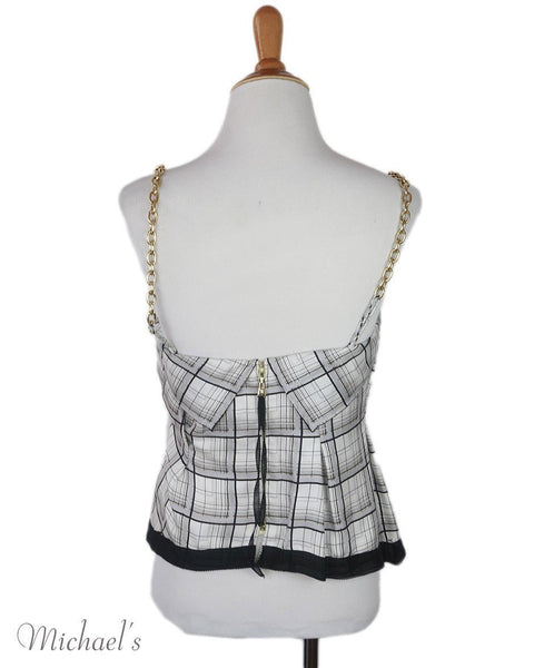 Louis Vuitton White Black Grey Print Silk Gold Chain Top Sz 0 - Michael&#39;s Consignment NYC