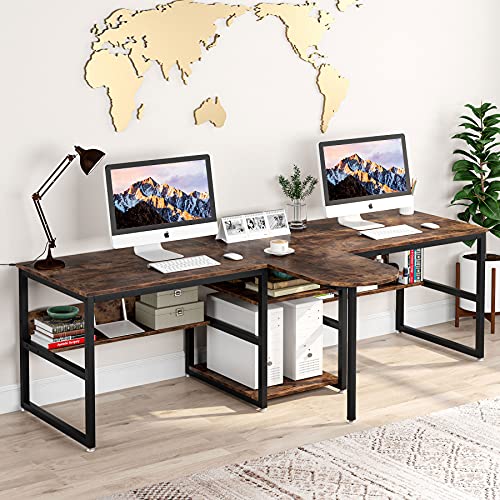 extra long two person desk with storage shelves