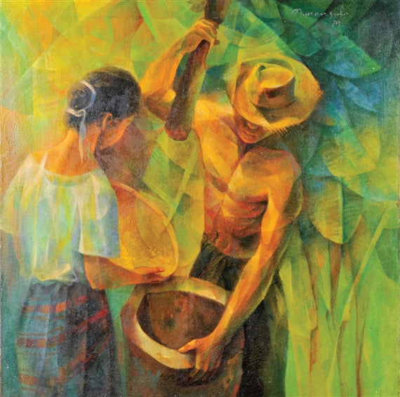 Ang Magbabayo by artist Vicente Manansala, which depicts a man helping out a woman in pounding rice, also a form of paninilbihan.