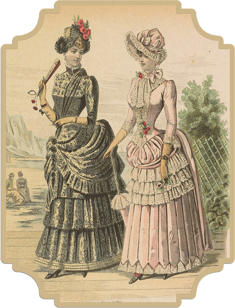 Victorian-era women in England, with one carrying a traditional hand fan. 