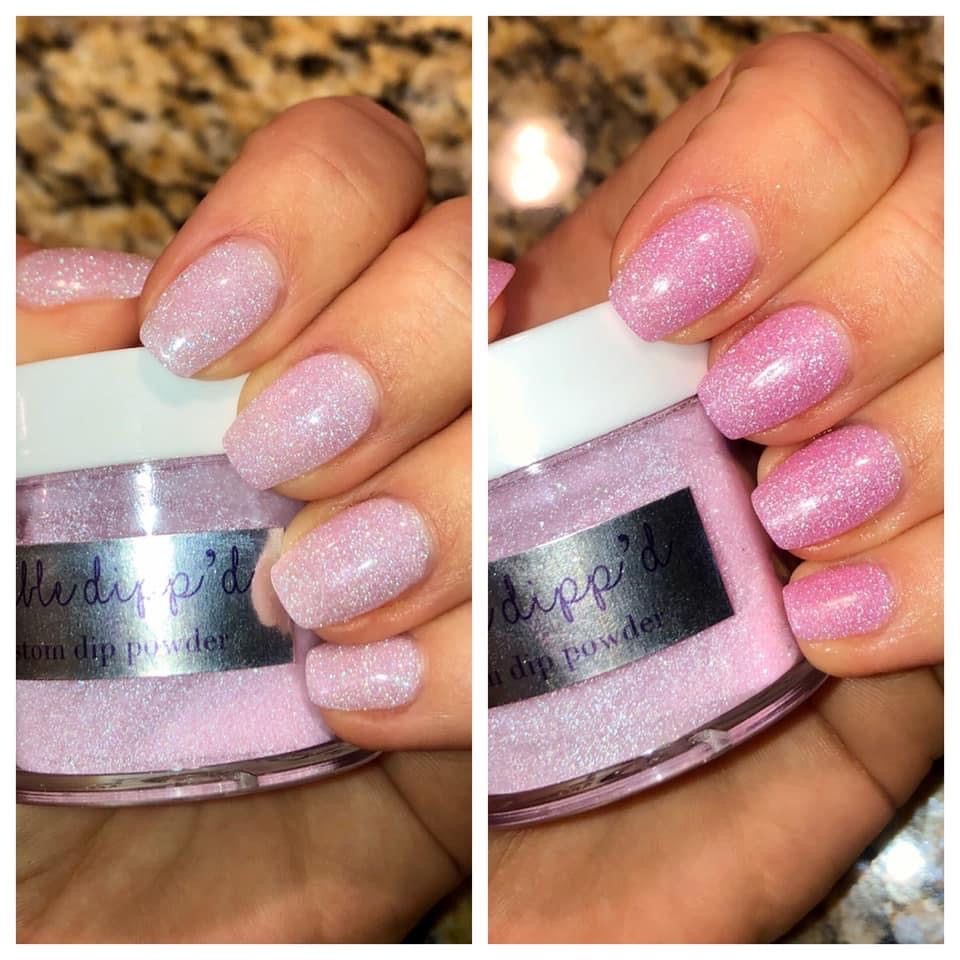 light pink dip nails with glitter