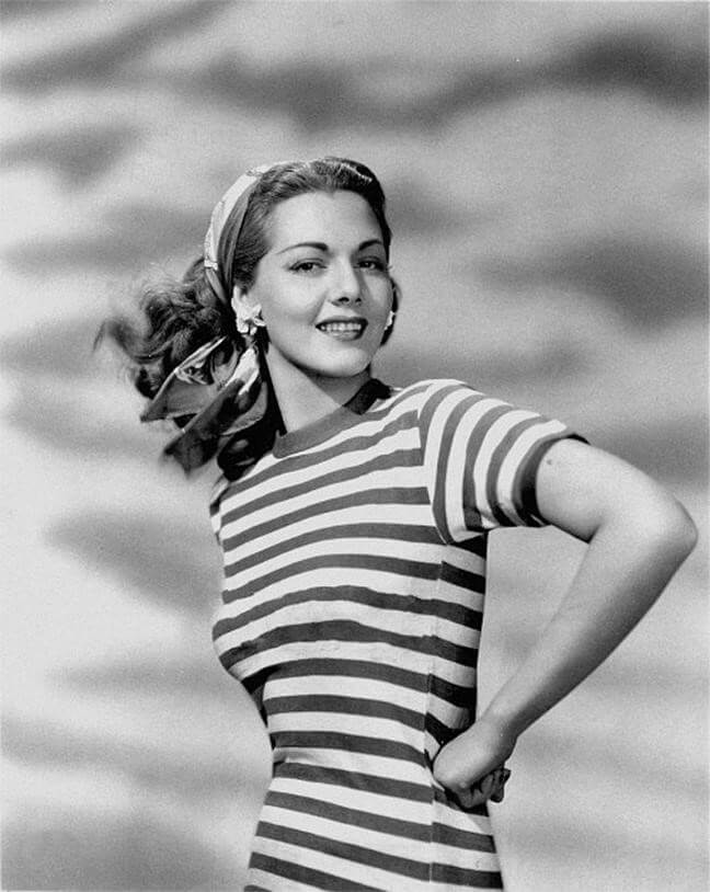 Image of retro lady wearing a scarf with striped t-shirt