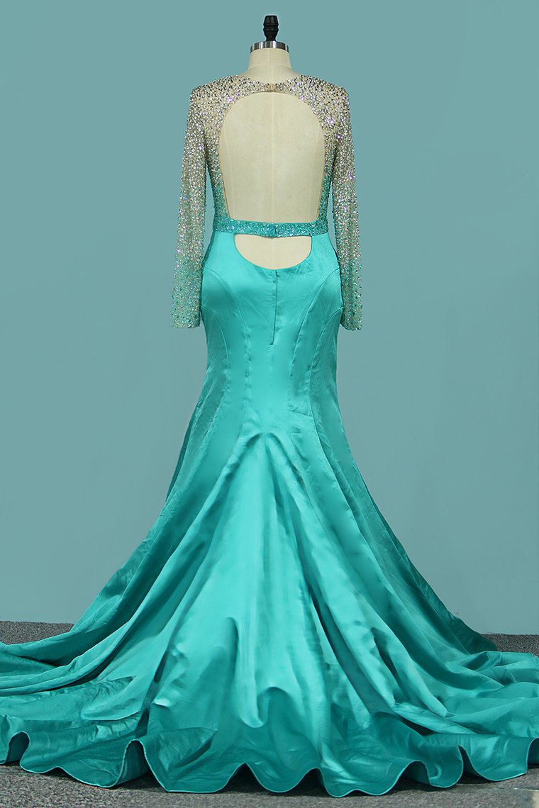 Buy Sexy Mermaid Prom Dresses Scoop Long Sleeves Satin Open Back Online 4444