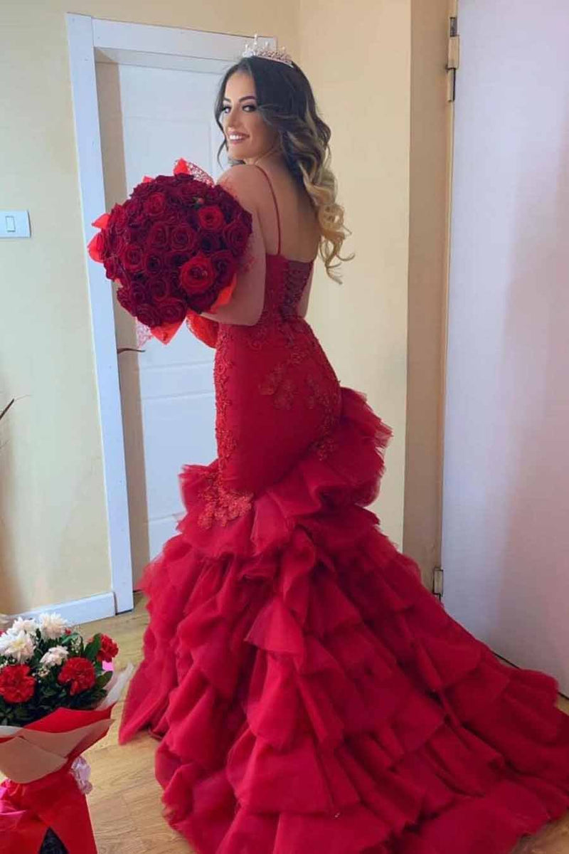 Buy Sexy Mermaid Sweetheart Burgundy Strapless Lace Appliques Lace Up Tulle Prom Dresses P1026 