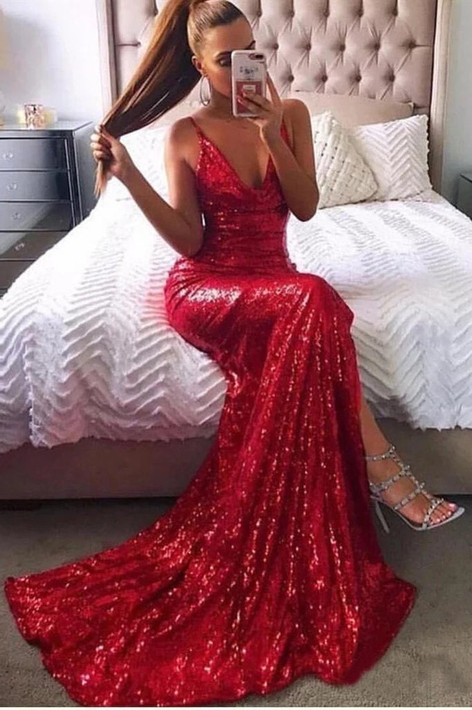 Buy Sexy Champagne Gold Mermaid Prom Dresses Side Slit Backless Formal Dresses P1102 Online