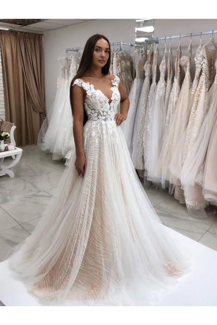 Buy Timeless Lace Sparkly Sequins Tulle A Line Wedding Dress With Appliques Wedding Gown Online 2300