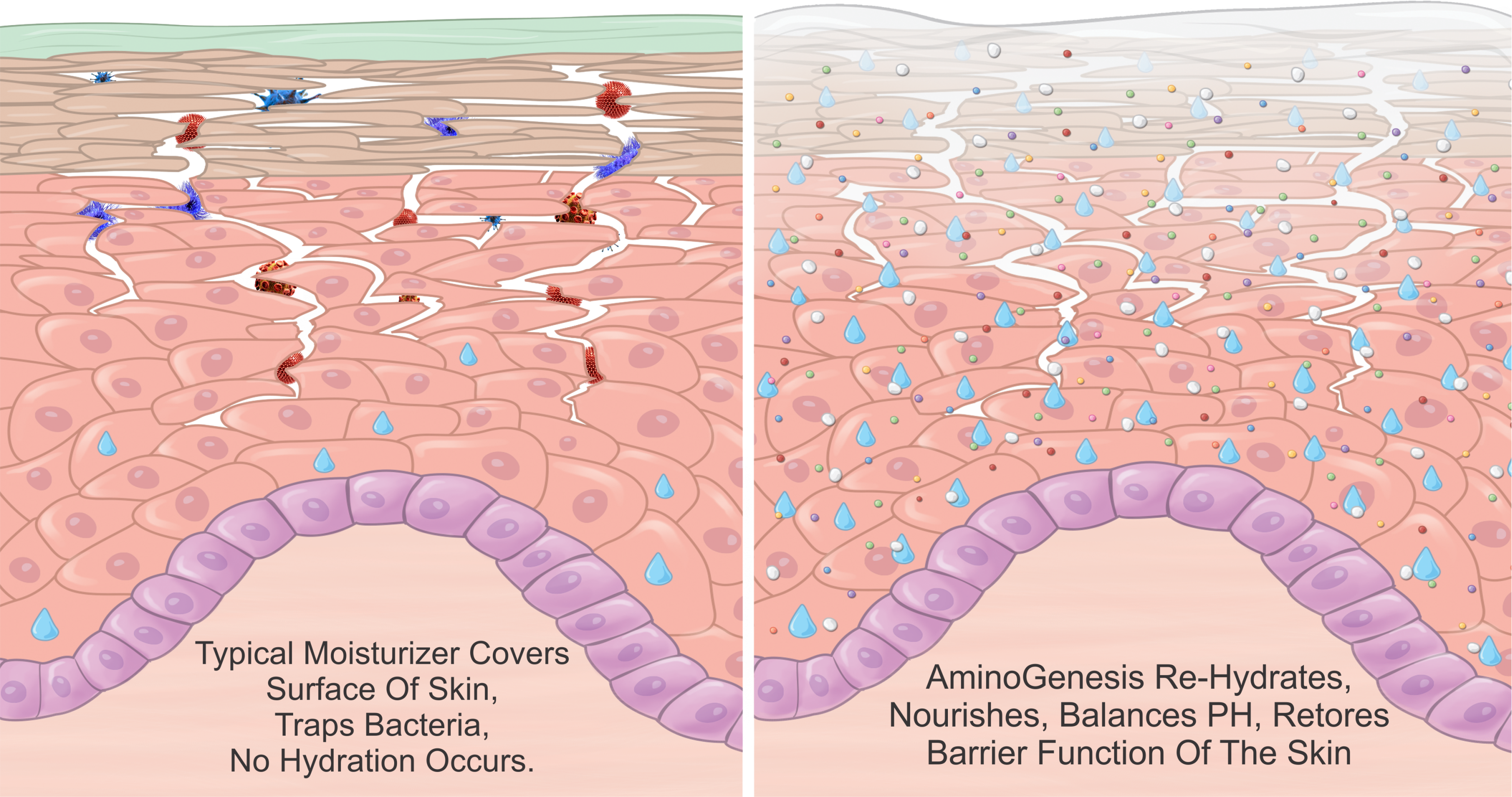 Illustration showing the difference in hydration between the typical moisturizer versus AminoGenesis