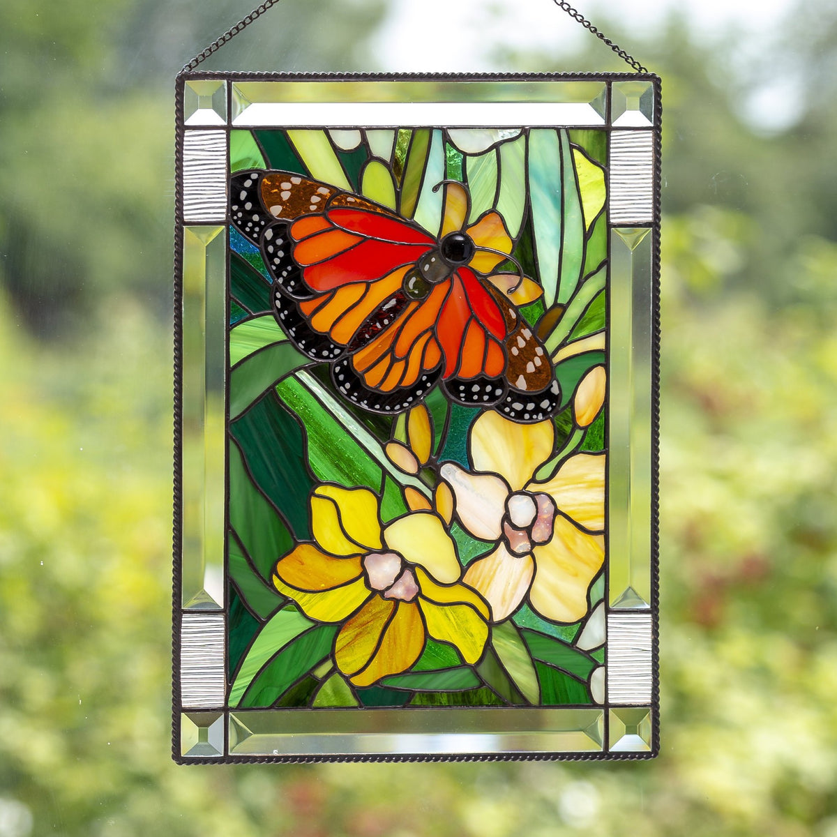 Flowers stained glass panel Monarch Butterfly with Orchids.
