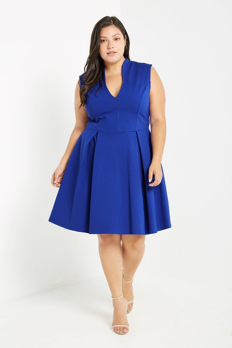 royal blue fit and flare dress with sleeves